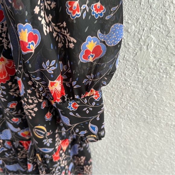 Romantic Floral Tie Neck Dress Black Sheer Sleeve Ruffle Boho - Size 14 - Picture 5 of 13